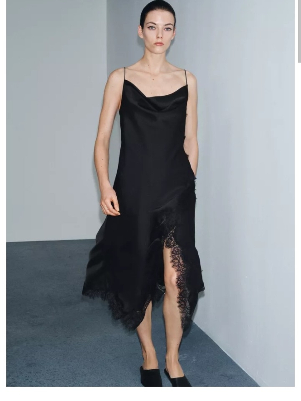 Zara Black Lace-Trim Midi Slip Dress
